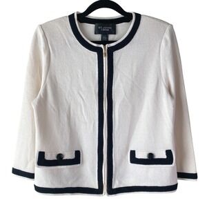 St. John Caviar Womens Knit Jacket Size 6 Ivory Zip Front Old Money Chic Preppy